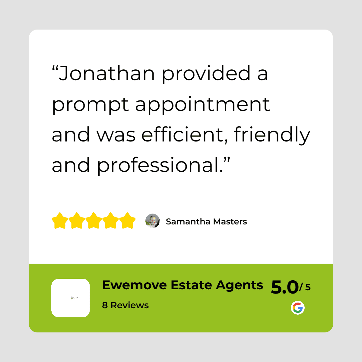 Jonathan provided a prompt appointment and was efficient and professional estate agent.
